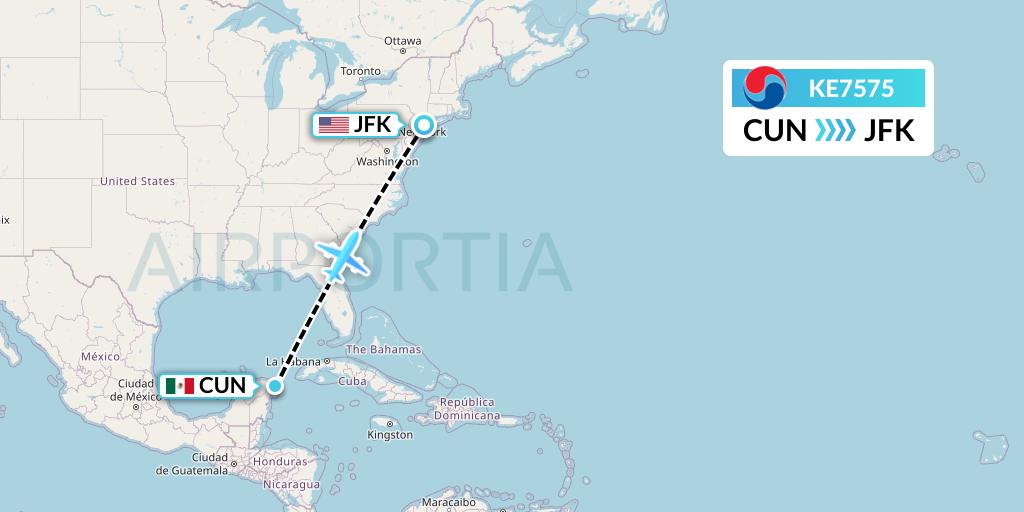 KE7575 Korean Air Flight Map: Cancun to New York