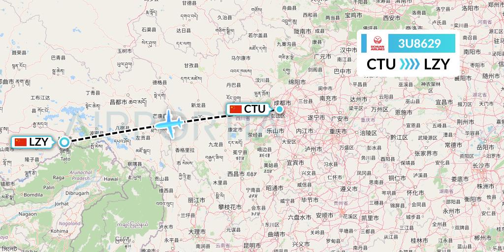 3U8629 Sichuan Airlines Flight Map: Chengdu to Nyingchi