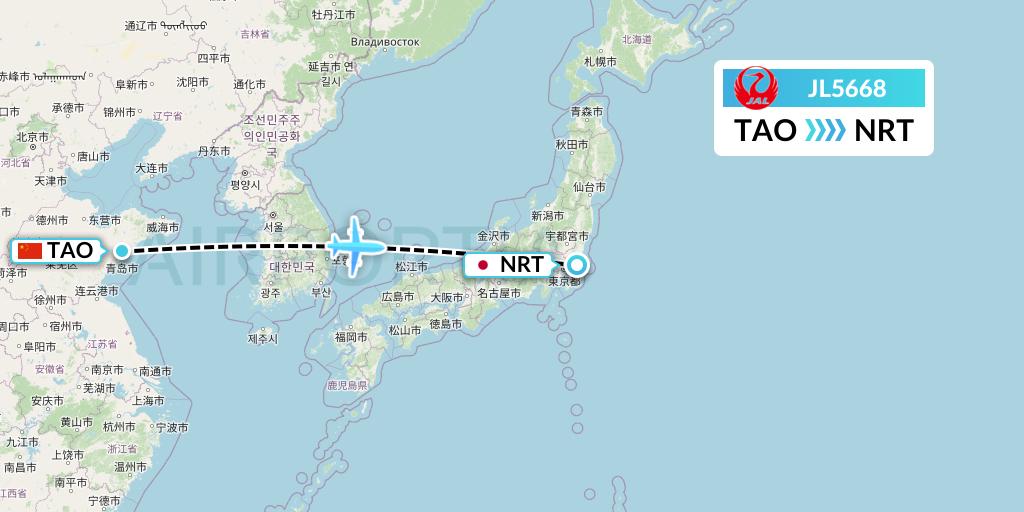 JL5668 Japan Airlines Flight Map: Qingdao to Tokyo