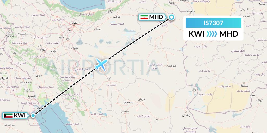 IS7307 Sepehran Airlines Flight Map: Kuwait City to Mashhad