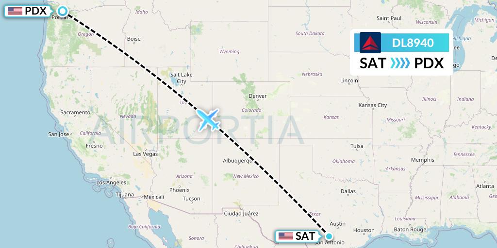 DL8940 Delta Air Lines Flight Map: San Antonio to Portland