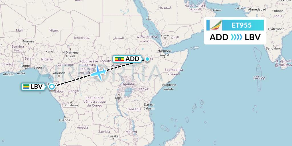 ET955 Ethiopian Airlines Flight Map: Addis Ababa to Libreville