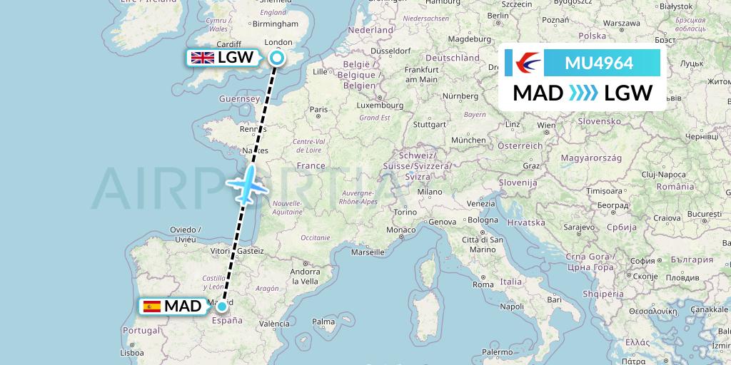 MU4964 China Eastern Airlines Flight Map: Madrid to London