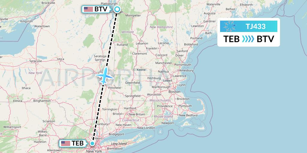 TJ433 Tradewind Aviation Flight Map: Teterboro to Burlington