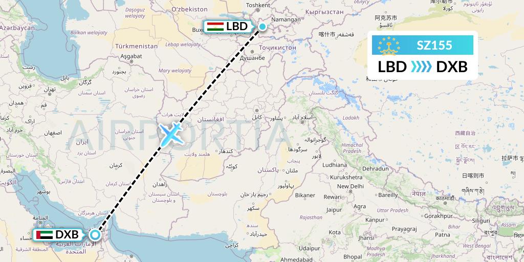 SZ155 Somon Air Flight Map: Khudzhand to Dubai