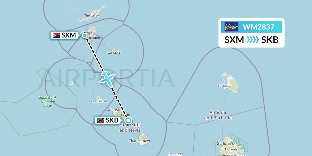 WM2837 Winair Flight Map: Sint Maarten to Basseterre