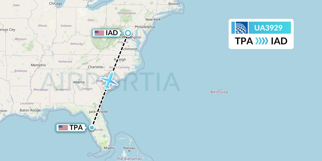 UA3929 United Airlines Flight Map: Tampa to Washington