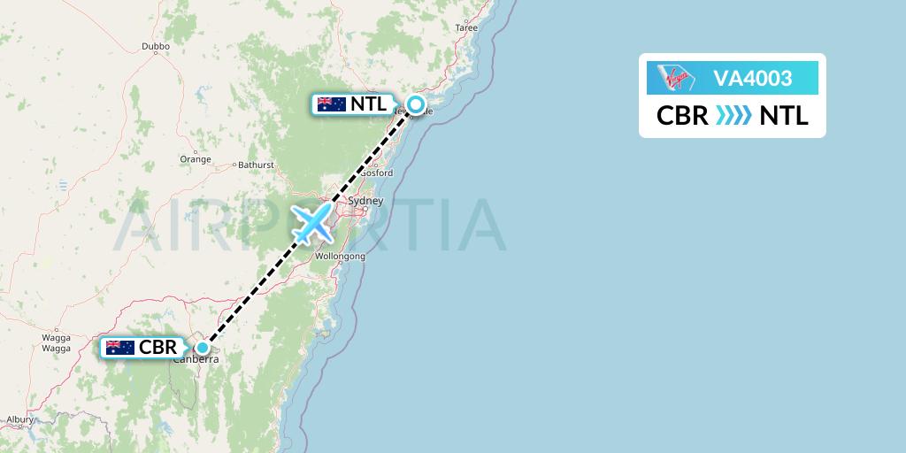 VA4003 Virgin Australia Flight Map: Canberra to Newcastle