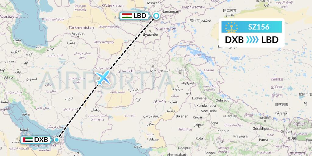SZ156 Somon Air Flight Map: Dubai to Khudzhand