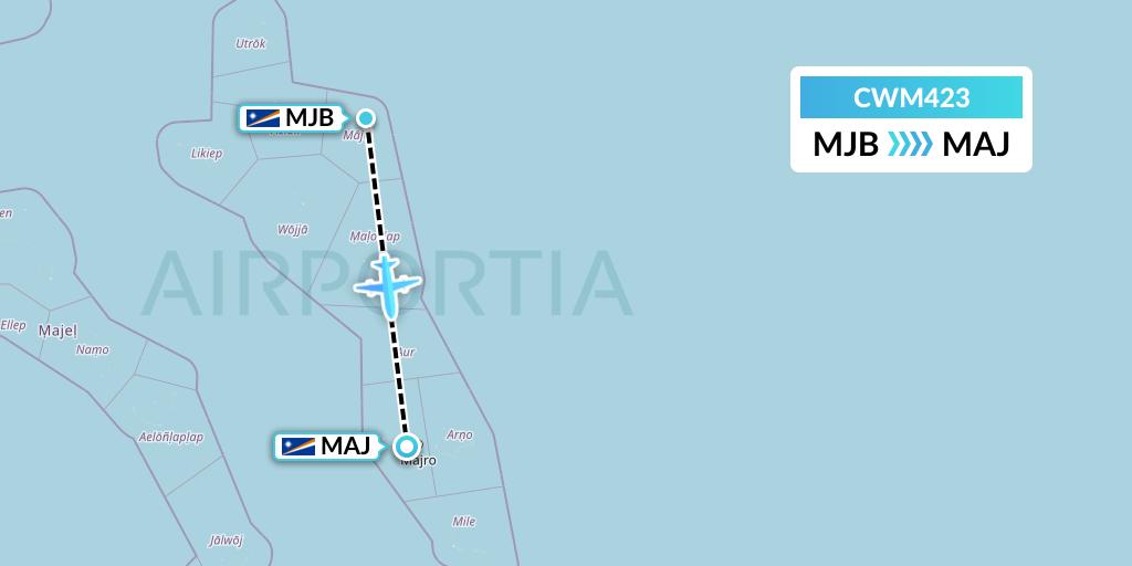 CWM423 Air Marshall Islands Flight Map: Mejit Atoll to Majuro