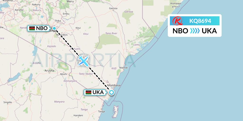 KQ8694 Kenya Airways Flight Map: Nairobi to Ukunda