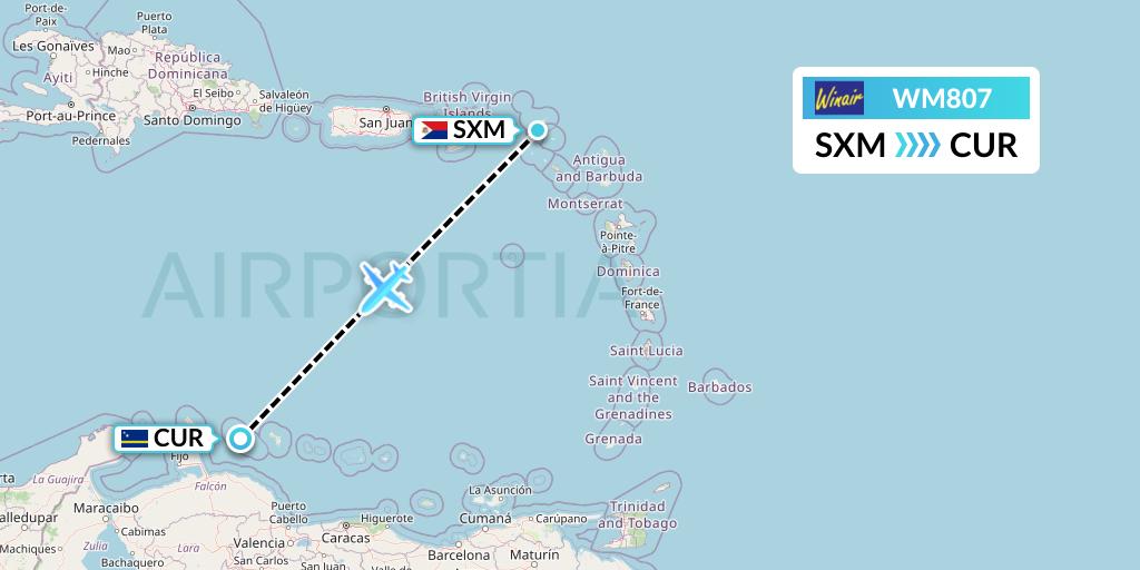 WM807 Winair Flight Map: Sint Maarten to Willemstad