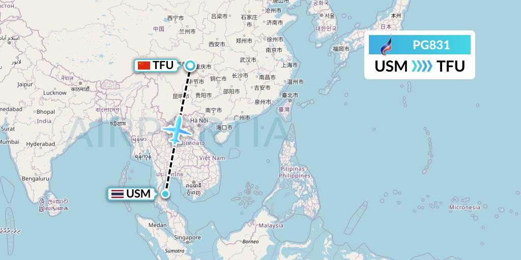 PG831 Bangkok Airways Flight Map: Koh Samui to Chengdu