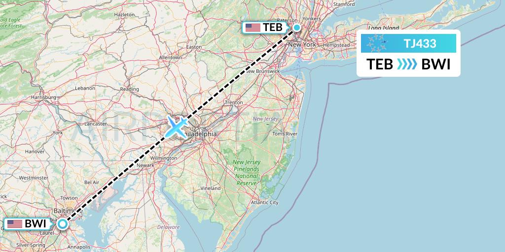 TJ433 Tradewind Aviation Flight Map: Teterboro to Baltimore