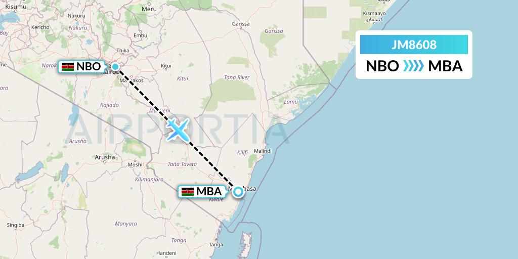 JM8608 Jambojet Limited Flight Map: Nairobi to Mombasa