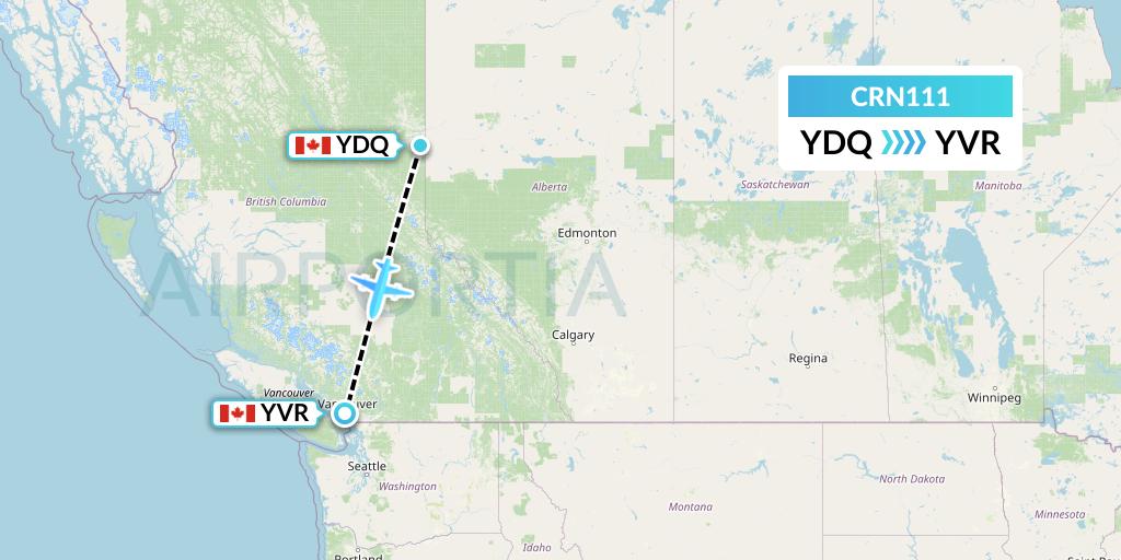 CRN111 Aerocaribbean Flight Map: Dawson Creek to Vancouver
