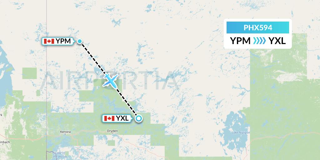 PHX594 SkyCare Flight Map: Pikangikum to Sioux Lookout