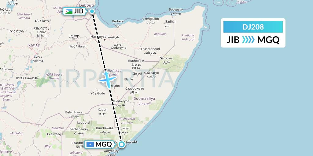 DJ208 Air Djibouti Flight Map: Djibouti to Mogadishu