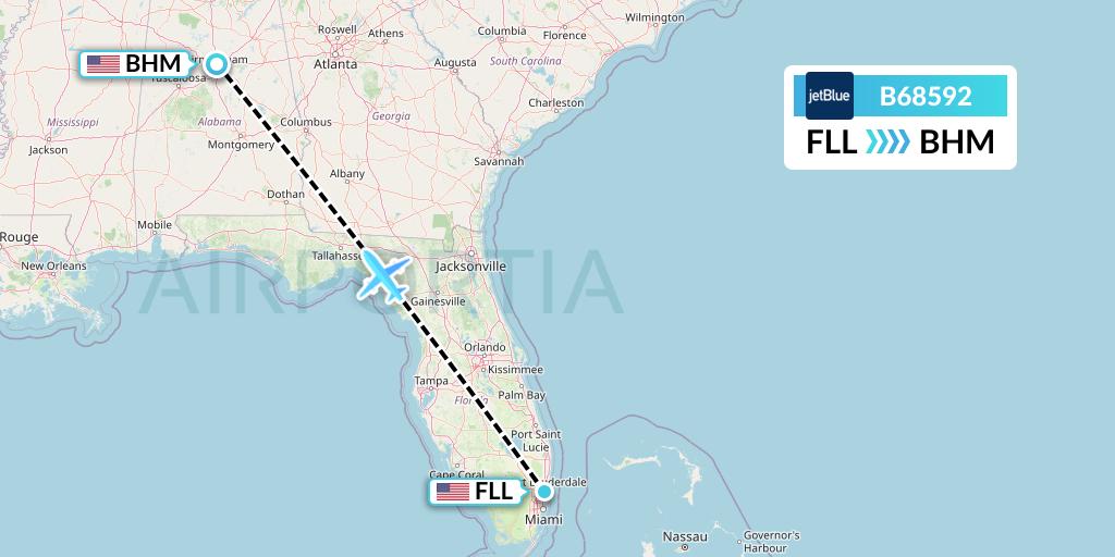 B68592 JetBlue Airways Flight Map: Fort Lauderdale to Birmingham