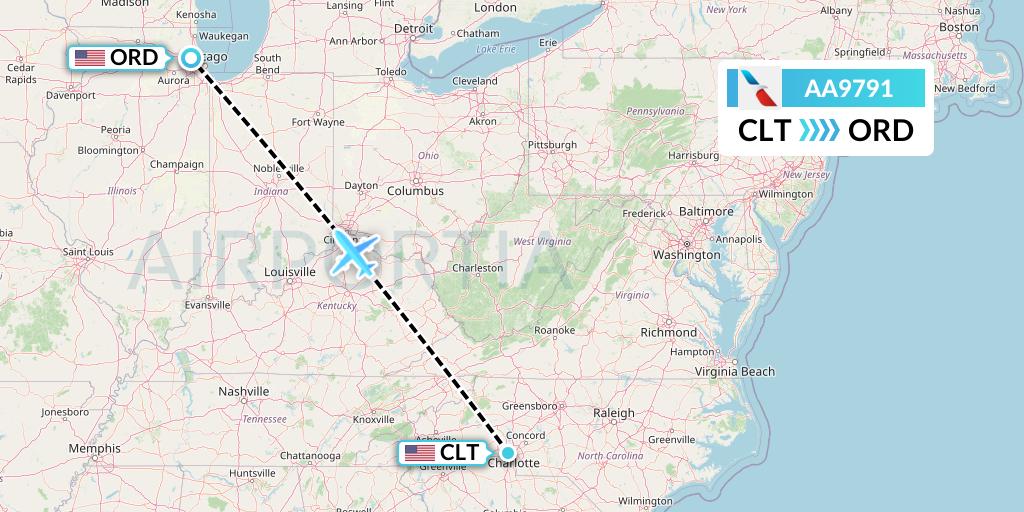 AA9791 American Airlines Flight Map: Charlotte to Chicago