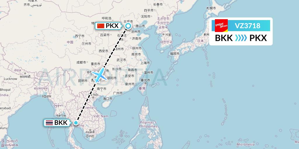 VZ3718 Thai Vietjet Air Flight Map: Bangkok to Beijing