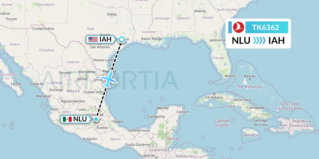TK6362 Turkish Airlines Flight Map: Reyes Acozac to Houston