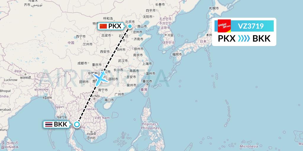 VZ3719 Thai Vietjet Air Flight Map: Beijing to Bangkok