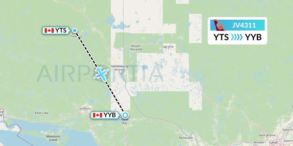 JV4311 Bearskin Airlines Flight Map: Timmins to North Bay