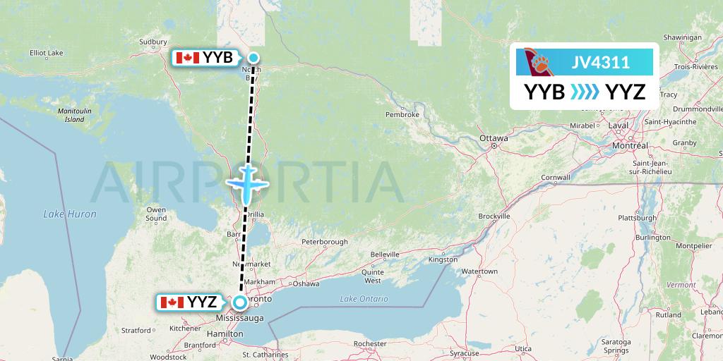 JV4311 Bearskin Airlines Flight Map: North Bay to Toronto