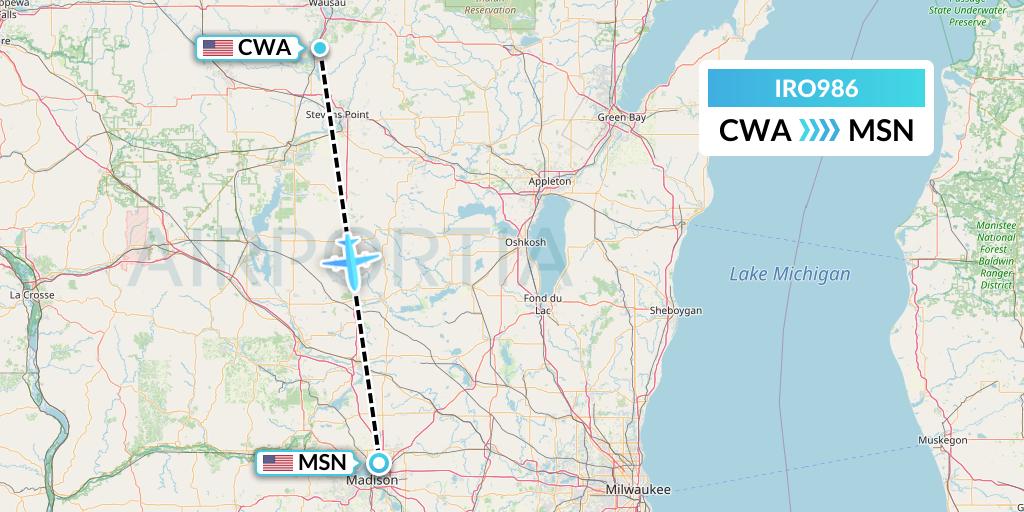 IRO986 CSA Air Flight Map: Wausau to Madison