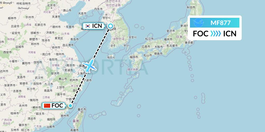 MF877 Xiamen Airlines Flight Map: Fuzhou to Seoul