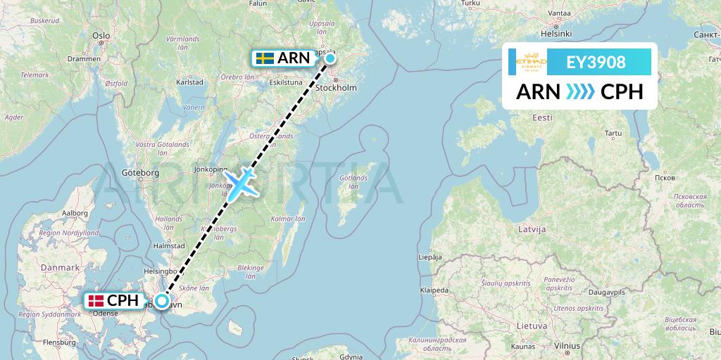 EY3908 Etihad Airways Flight Map: Stockholm to Copenhagen