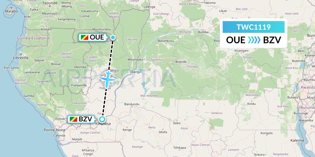 TWC1119 Canadian Airways Congo Flight Map: Congo to Brazzaville
