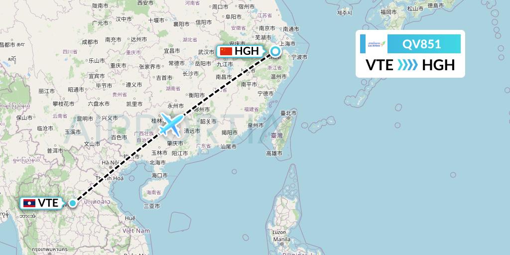QV851 Lao Airlines Flight Map: Vientiane to Hangzhou