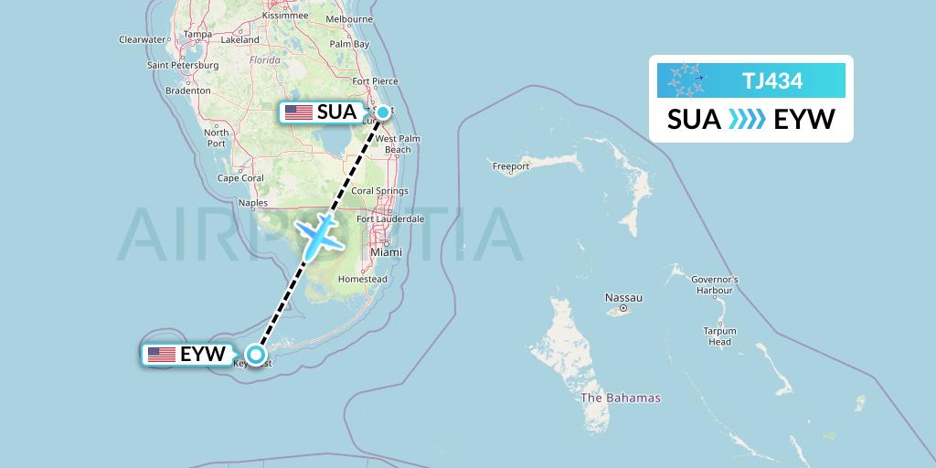 TJ434 Tradewind Aviation Flight Map: Stuart to Key West