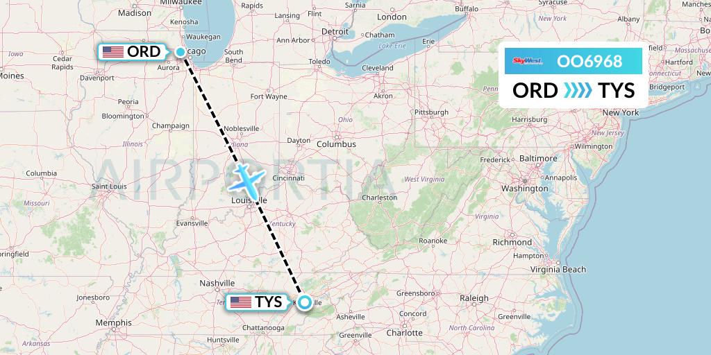 OO6968 SkyWest Airlines Flight Map: Chicago to Knoxville