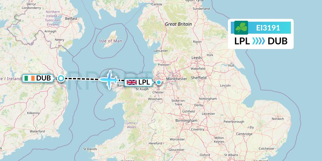 EI3191 Aer Lingus Flight Map: Liverpool to Dublin