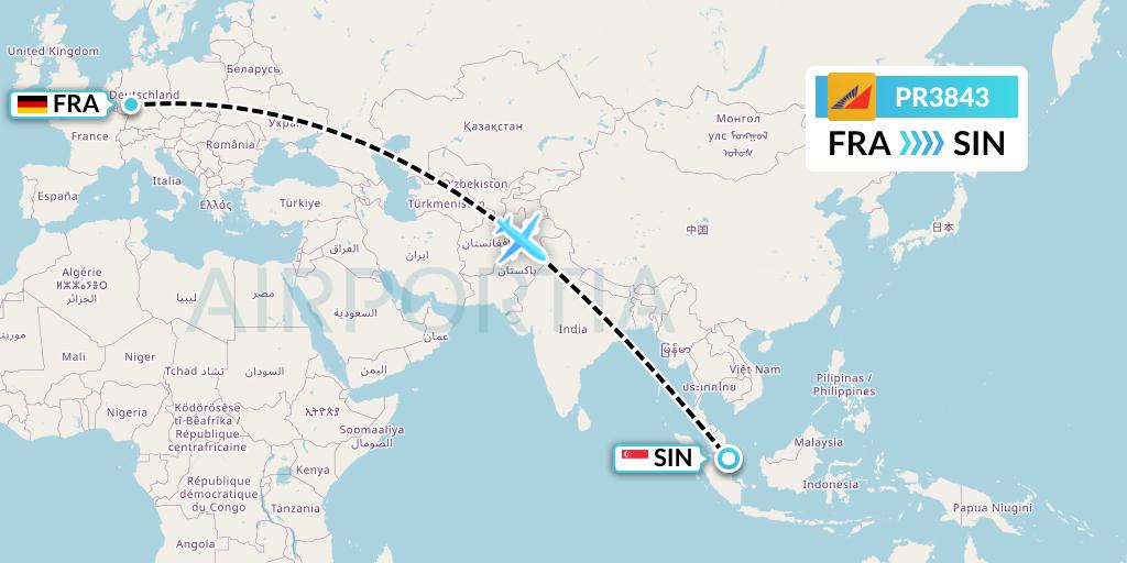 PR3843 Philippine Airlines Flight Map: Frankfurt to Singapore