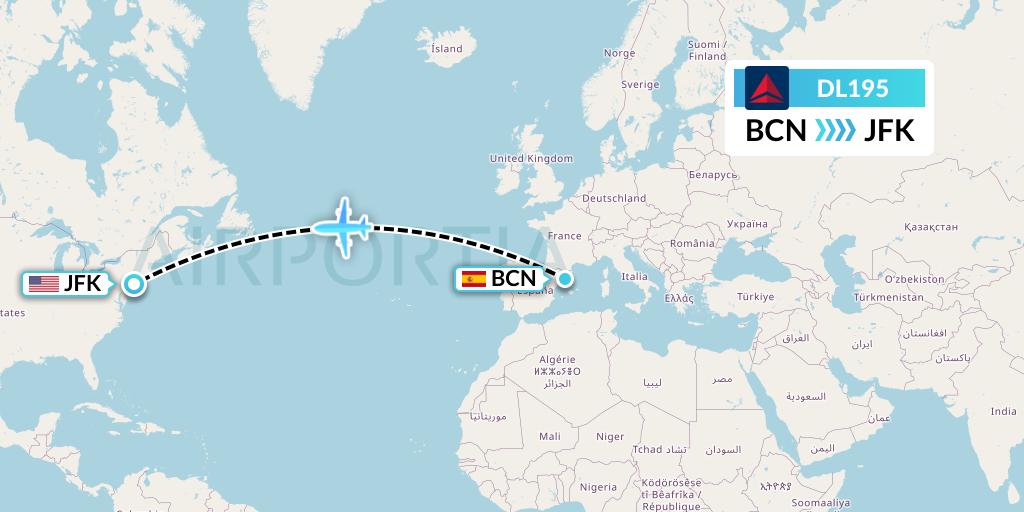 DL195 Delta Air Lines Flight Map: Barcelona to New York