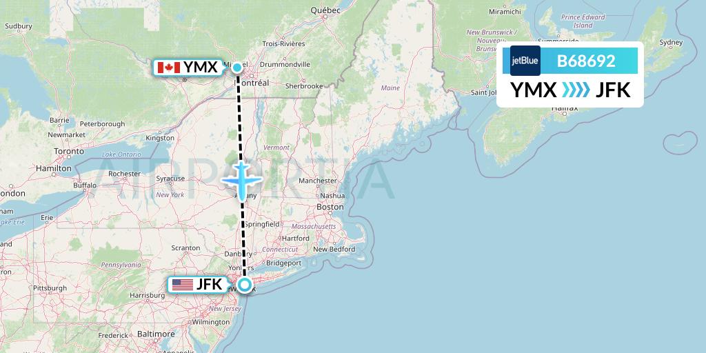 B68692 JetBlue Airways Flight Map: Montreal to New York