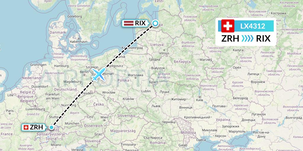 LX4312 Swiss Flight Map: Zurich to Riga