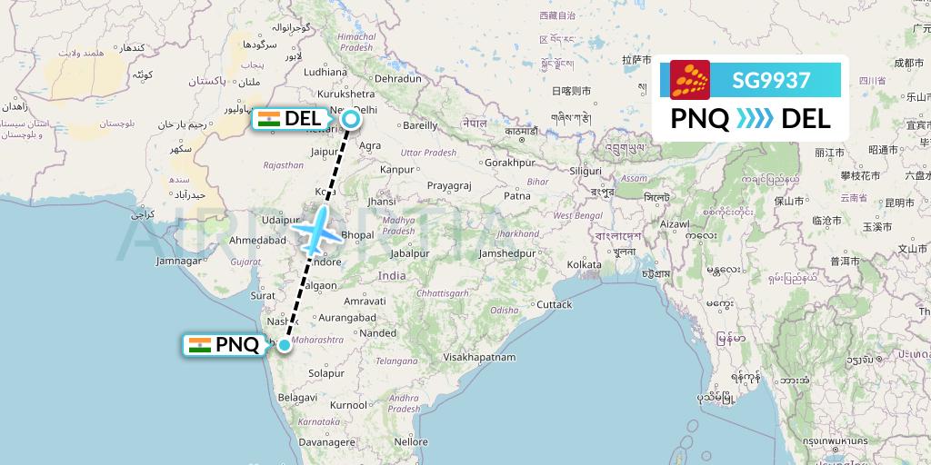 SG9937 SpiceJet Flight Map: Pune to Delhi