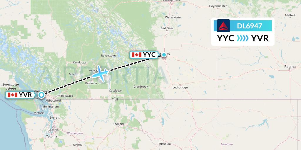 DL6947 Delta Air Lines Flight Map: Calgary to Vancouver
