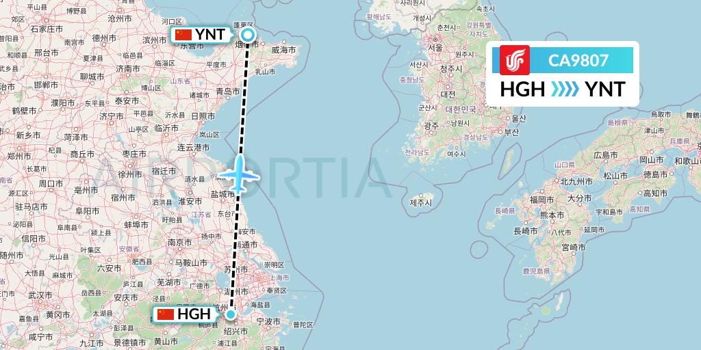 CA9807 Air China Flight Map: Hangzhou to Yantai