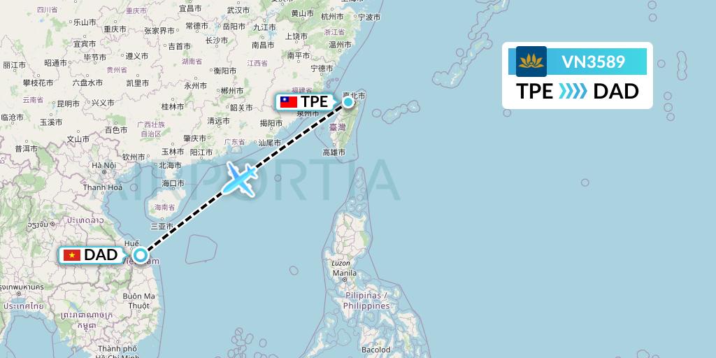 VN3589 Vietnam Airlines Flight Map: Taipei to Da Nang
