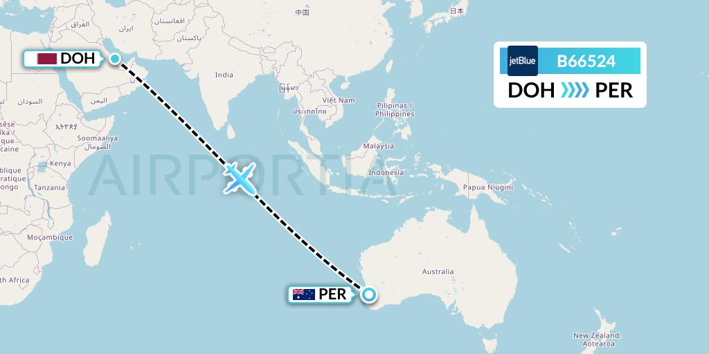 B66524 JetBlue Airways Flight Map: Doha to Perth