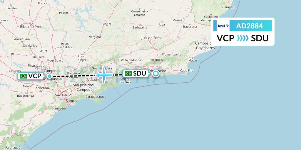 AD2884 Azul Brazilian Airlines Flight Map: Campinas to Rio de Janeiro