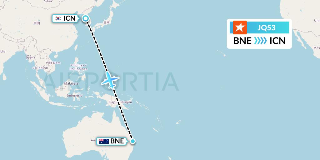 JQ53 Jetstar Airways Flight Map: Brisbane to Seoul