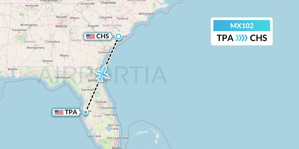 MX102 Breeze Airways Flight Map: Tampa to Charleston