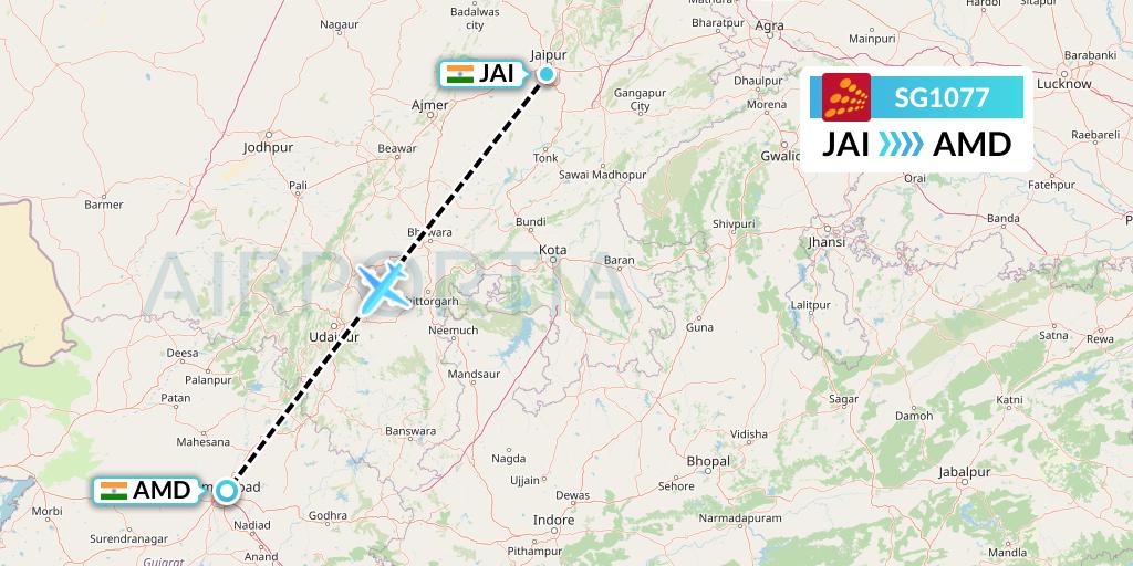 SG1077 SpiceJet Flight Map: Jaipur to Ahmedabad